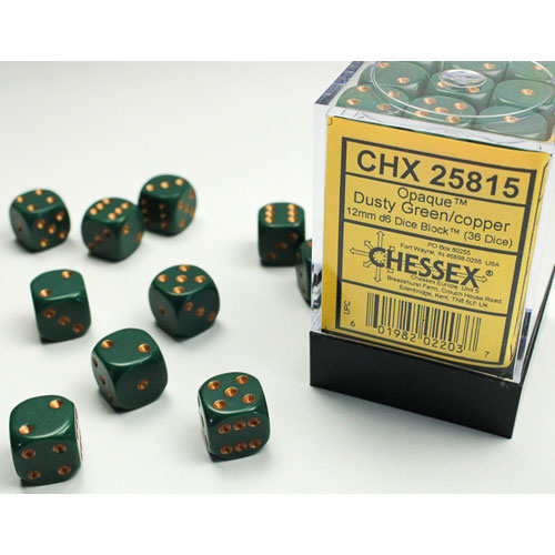 Set of 36 Chessex Opaque 12mm d6 Dusty Green w/ Copper Dice Block 