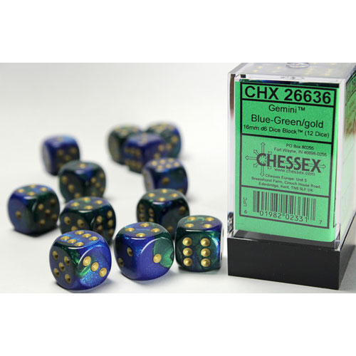 Chessex Dice d6 Sets Gemini Black & Green W/Gold 16mm Six Sided Die 12 CHX 26639 