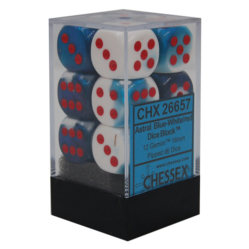 Chessex 16mm d6 Set: Gemini Astral Blue-White w/ Red (12)