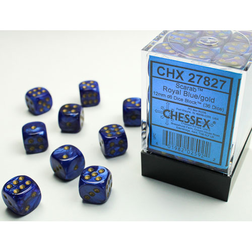 2-Pack Chessex Scarab 12mm d6 Royal Blue w/Gold Dice Block 36 Dice