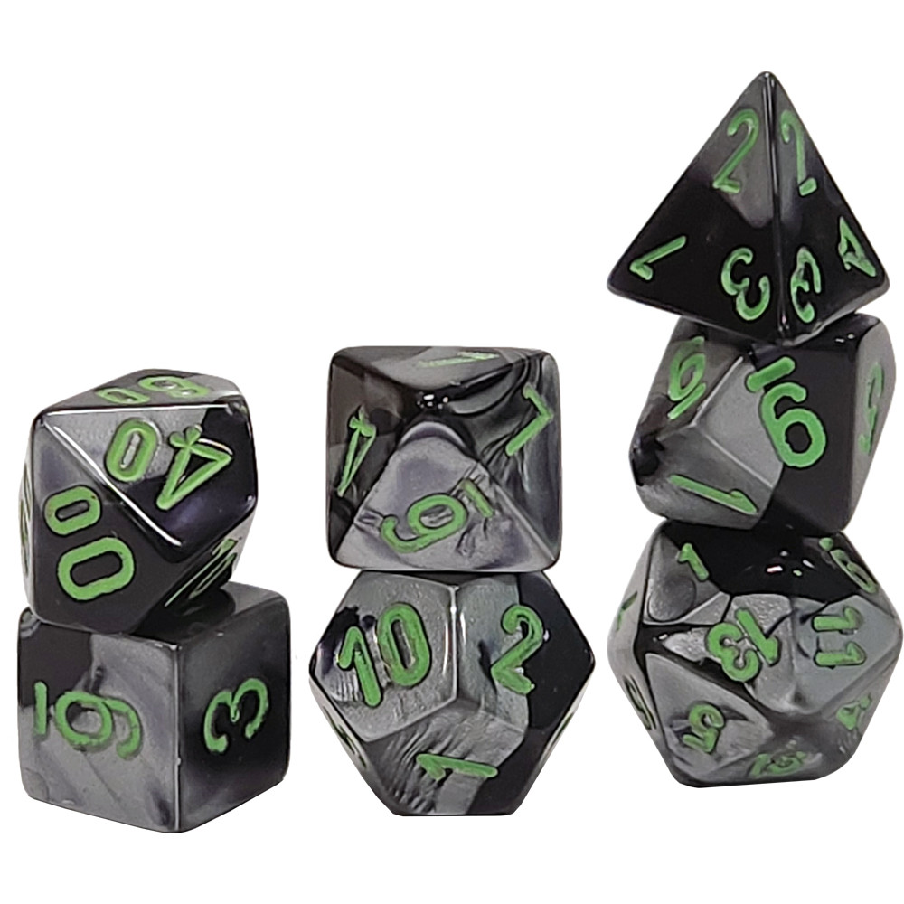 Chessex Mini Dice Set: Gemini - Black-Grey w/ Green (7)