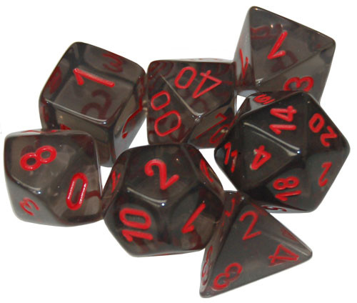 CHESSEX TRANSLUCENT DICE 7 DIE SET SMOKE WITH RED D20..