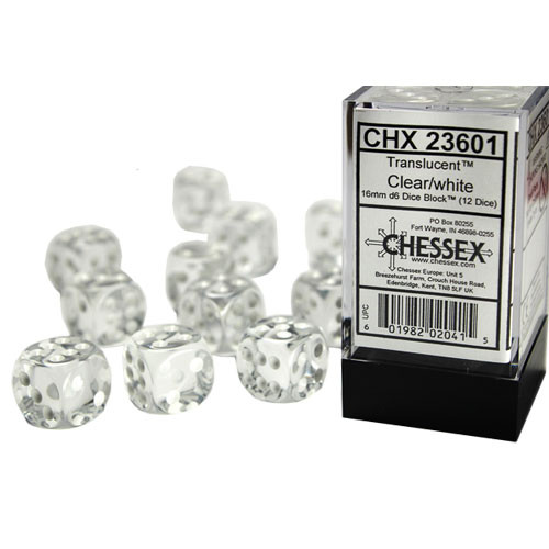 Chessex 16mm d6 Set: Translucent - Clear w/White (12)