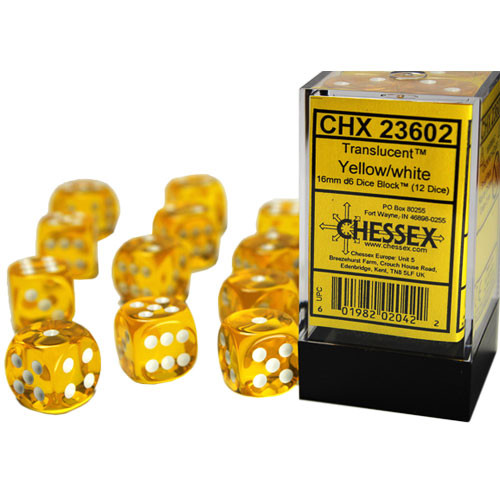 Chessex 16mm d6 Set: Translucent - Yellow w/White (12)