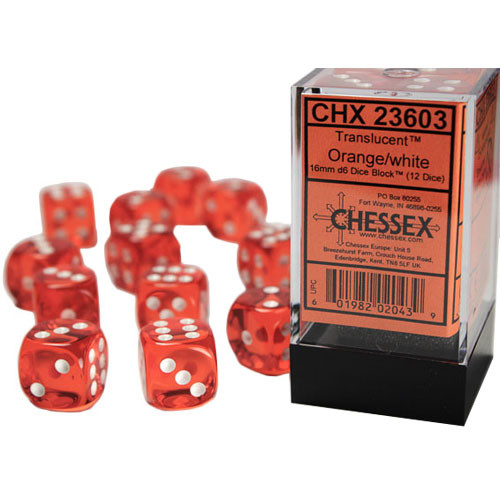 Chessex 16mm d6 Set: Translucent - Orange w/White (12)