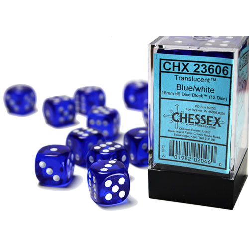 Chessex 16mm d6 Set: Translucent - Blue w/White (12)