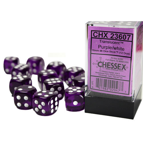 Chessex 16mm d6 Set: Translucent - Purple w/White (12)