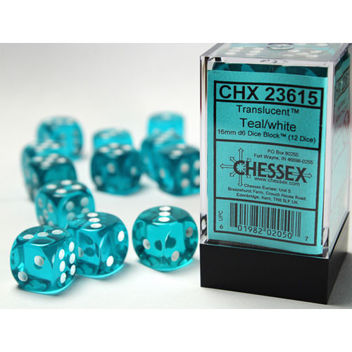 Chessex 16mm d6 Set: Translucent - Teal w/White (12)