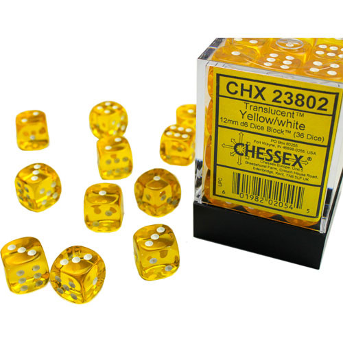 Chessex 12mm d6 Set: Translucent - Yellow w/White (36)