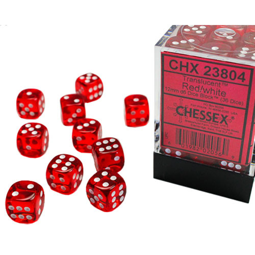 Chessex 12mm d6 Set: Translucent - Red w/White (36)