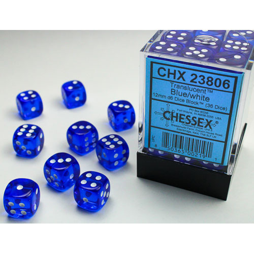 Chessex Dice d6 Sets 36 Teal with White Translucent 12mm 