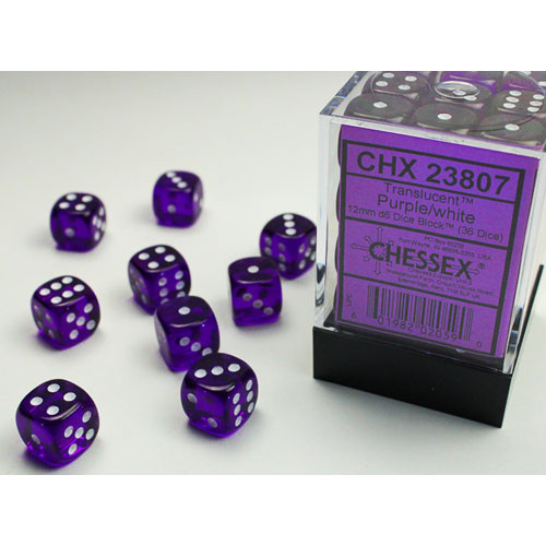 Chessex 12mm d6 Set: Translucent - Purple w/White (36)