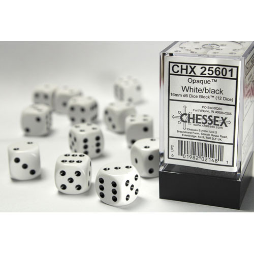 Chessex 16mm d6 Set: Opaque - White w/Black (12)