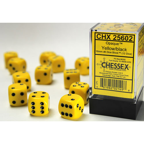 36 Dice Chessex Opaque 12mm D6 Yellow/Black 