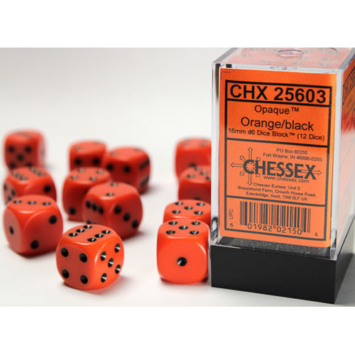 Chessex 16mm d6 Set: Opaque - Orange w/Black (12)