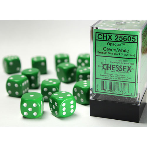 Chessex 16mm d6 Set: Opaque - Green w/White (12)