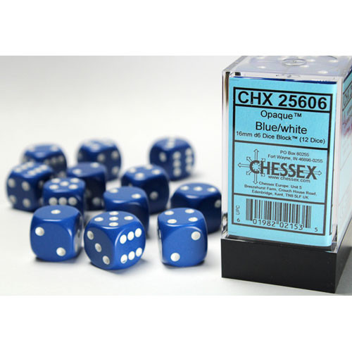 Chessex 16mm d6 Set: Opaque - Blue w/White (12)