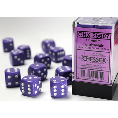 Chessex 16mm d6 Set: Opaque - Purple w/White (12)