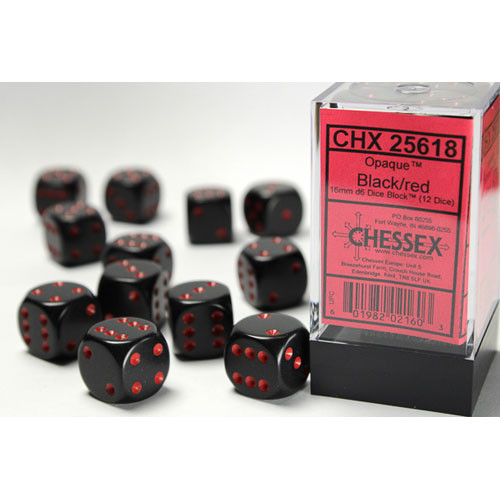 Chessex 16mm d6 Set: Opaque - Black w/Red (12)