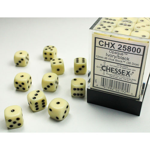 Chessex 12mm d6 Set: Opaque - Ivory w/Black (36)