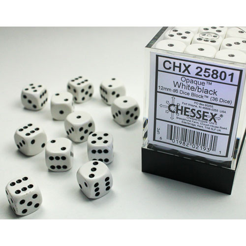 Chessex 12mm d6 Set: Opaque - White w/Black (36)