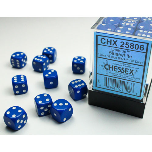 Chessex 12mm d6 Set: Opaque - Blue w/White (36)