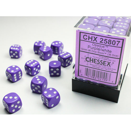 Chessex 12mm d6 Set: Opaque - Purple w/White (36)