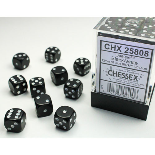 Chessex 12mm d6 Set: Opaque - Black w/White (36)