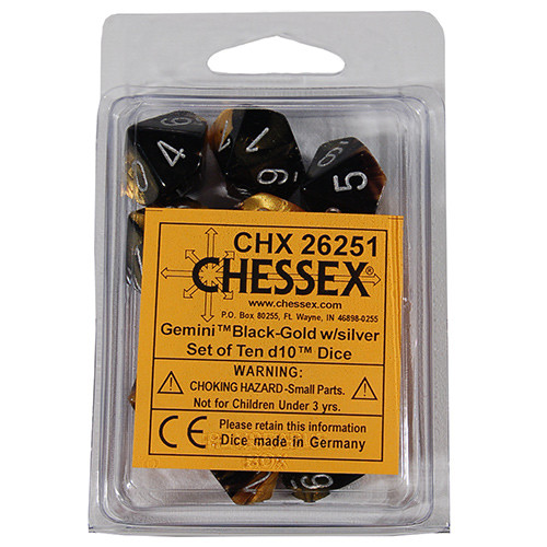 Chessex d10 Set: Gemini Black-Gold w/Silver (10)