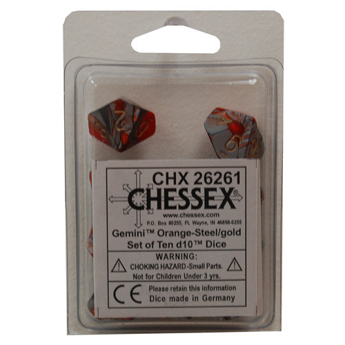 Chessex d10 Set: Gemini Orange-Steel w/ Gold (10)