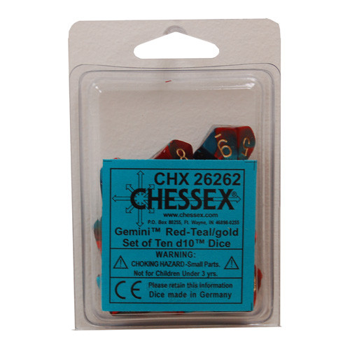 Chessex d10 Set: Gemini Red-Teal w/ Gold (10)