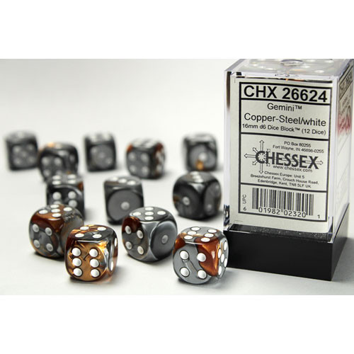 Chessex 16mm d6 Set: Gemini - Copper-Steel w/White (12)