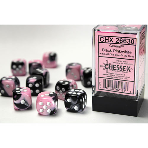 Chessex 16mm d6 Set: Gemini - Black-Pink w/White (12)