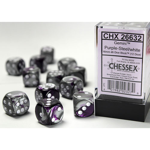 12 Chessex Gemini Copper-Steel/White 16mm D6 Dice Block