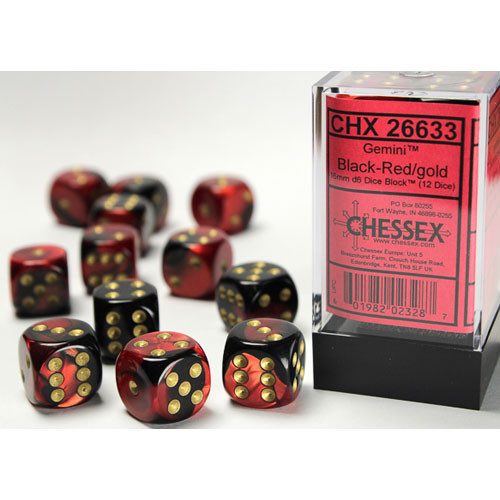 Chessex 16mm d6 Set: Gemini - Black-Red w/Gold (12)