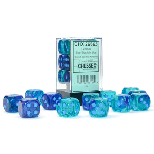 Chessex Gemini Signature Series Dice 16mm d6 Set12 Blue Teal W/ Gold CHX 26659 