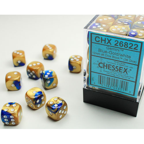 Chessex Gemini 12mm d6 Blue-Gold w/White Dice Block 36 Dice