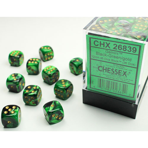 Chessex Dice d6 Sets Gemini Black & Green Gold 12mm Six Sided 36 Die CHX 26839