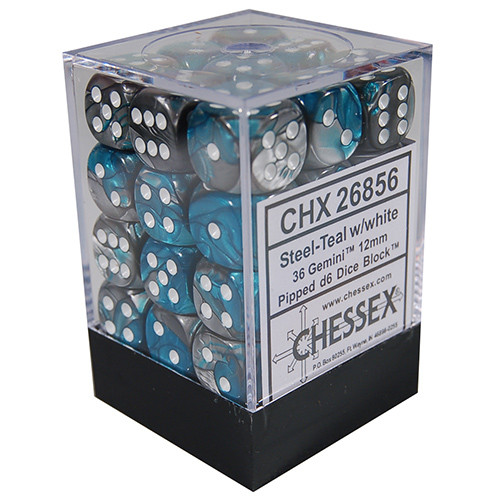 Chessex 12mm d6 Set: Gemini Steel-Teal w/White (36)