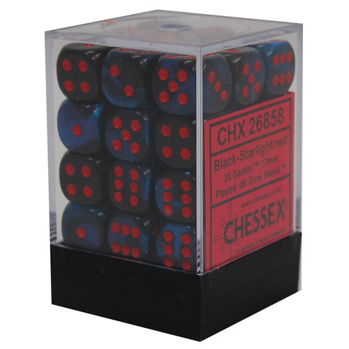 Chessex 12mm d6 Set: Gemini Black-Starlight w/ Red (36)