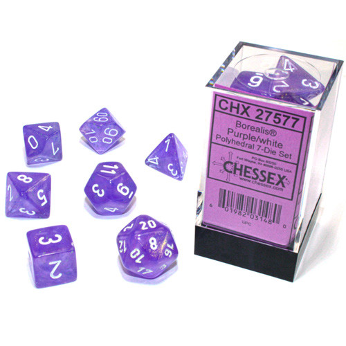 White Chessex GAMING SUPPLY BRAND NEW Borealis 12 Die Set D6 16mm Purple 