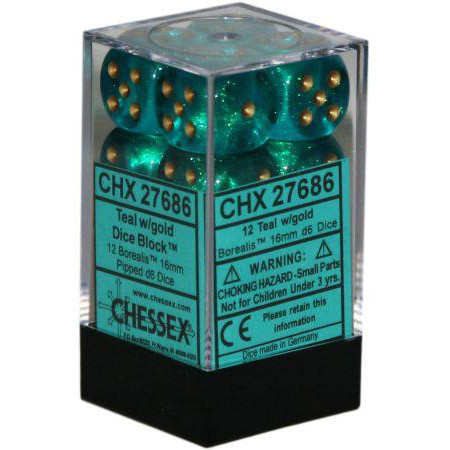 Chessex 16mm d6 Set: Borealis Teal w/Gold (12)