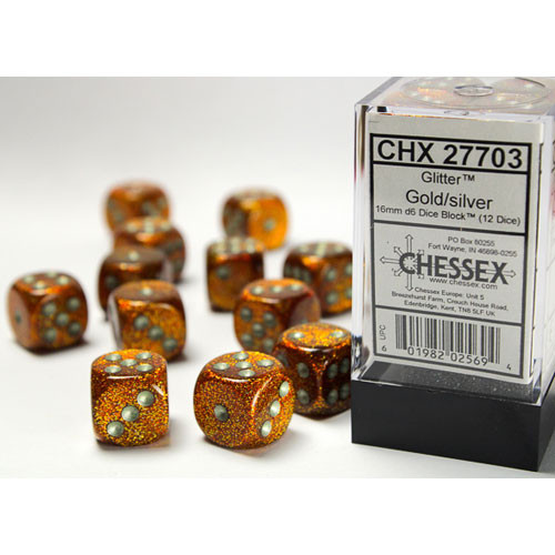 Chessex 16mm d6 Set: Glitter - Gold w/Silver (12)