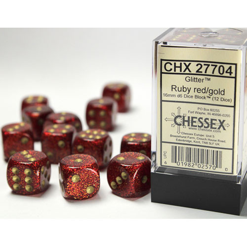 Chessex 16mm d6 Set: Glitter - Ruby Red w/Gold (12)