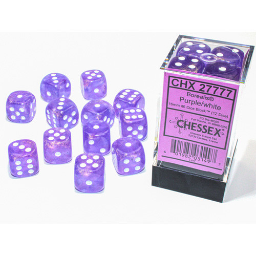Chessex 16mm d6 Set: Borealis Luminary Purple/White (12)