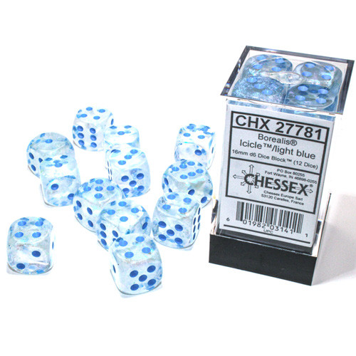 Sky Blue/White Borealis 16mm d6 Chessex Dice Sets 12
