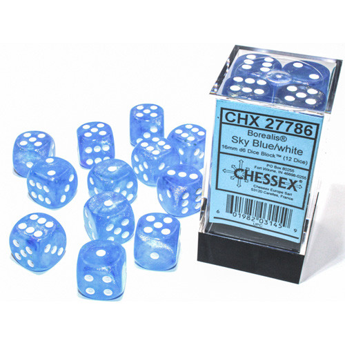 Sky Blue/White Borealis 16mm d6 Chessex Dice Sets 12