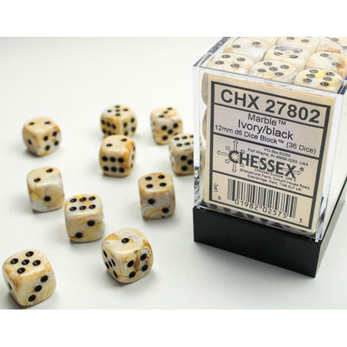 Chessex 12mm d6 Set: Marble - Ivory w/Black (36)