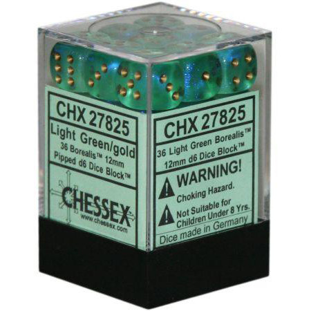 Chessex 12mm d6 Set: Borealis Light Green w/Gold (36)