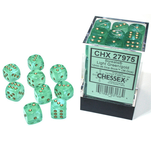 Chessex 12mm d6 Set: Borealis Luminary Light Green/Gold (36)